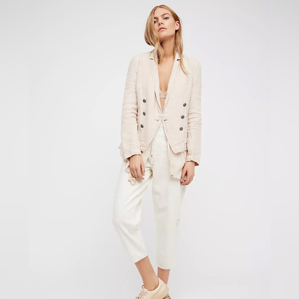Free People Linen Layered Ruffles Blazer Jacket in Dusty Fig Cream Medium NWOT - Picture 3 of 11